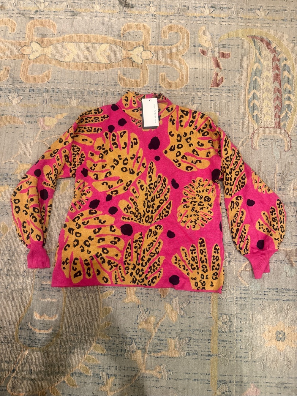 NWT Fate Pink Leopard Tropical Leaf Mock Neck Sweater Small